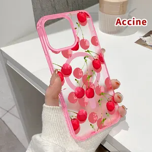 Magnetic Phone Case for iPhone 16 Pro Max 15 Plus 14 13 12 11 XS E XR Cherry Delight Pattern Supports Wireless Charging Shockproof Soft Silicone Transparent Cover Cellphone Protective