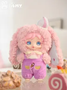 SK|| I AMY Pink Bunny Costume Doll with Blue Eyes and Purple Overalls Collectible Figure