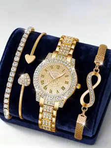 4pcs Women's Diamond Watch Set, Rhinestone Bracelet Jewelry, Luxury Roman Numeral Dial Quartz Movement Analog Watch, Casual All-Season Accessory