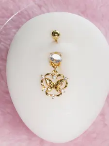 Summer Fashion Unique Design Artificial Zircon Butterfly Geometric Circle Pendant Navel Ring, Fashion Sweet Style Stainless Steel Belly Button Piercing Jewelry, Body Jewelry Accessory