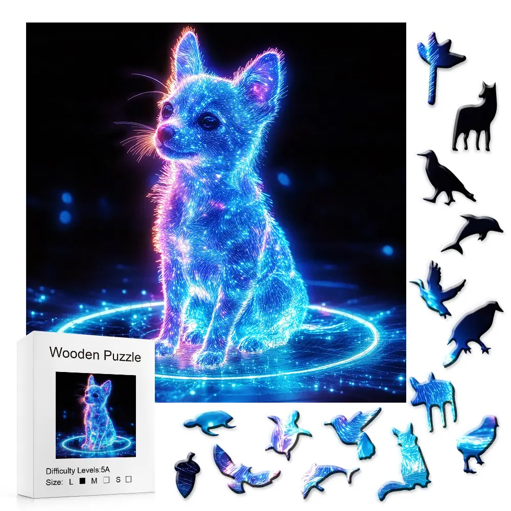 Wooden Puzzles - Neon Starry Puppy Jigsaw Puzzle, 5A Level High-Difficulty Party Game Toy, DIY Gift for Dog Lovers (Not for Toddlers)
