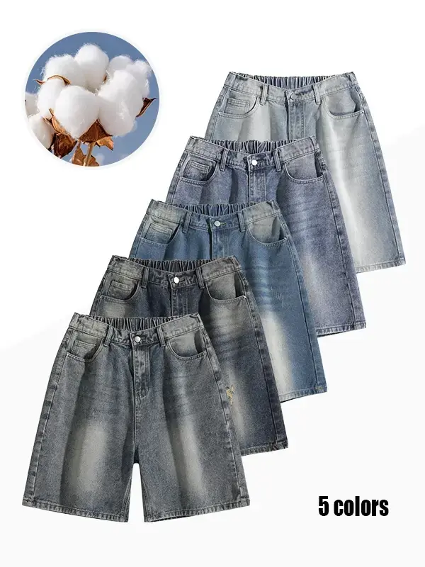 Men’s cotton-blend wrinkle-resistant washed denim bermuda shorts, half elastic waistband, multiple pockets, loose fit, versatile summer casual shorts