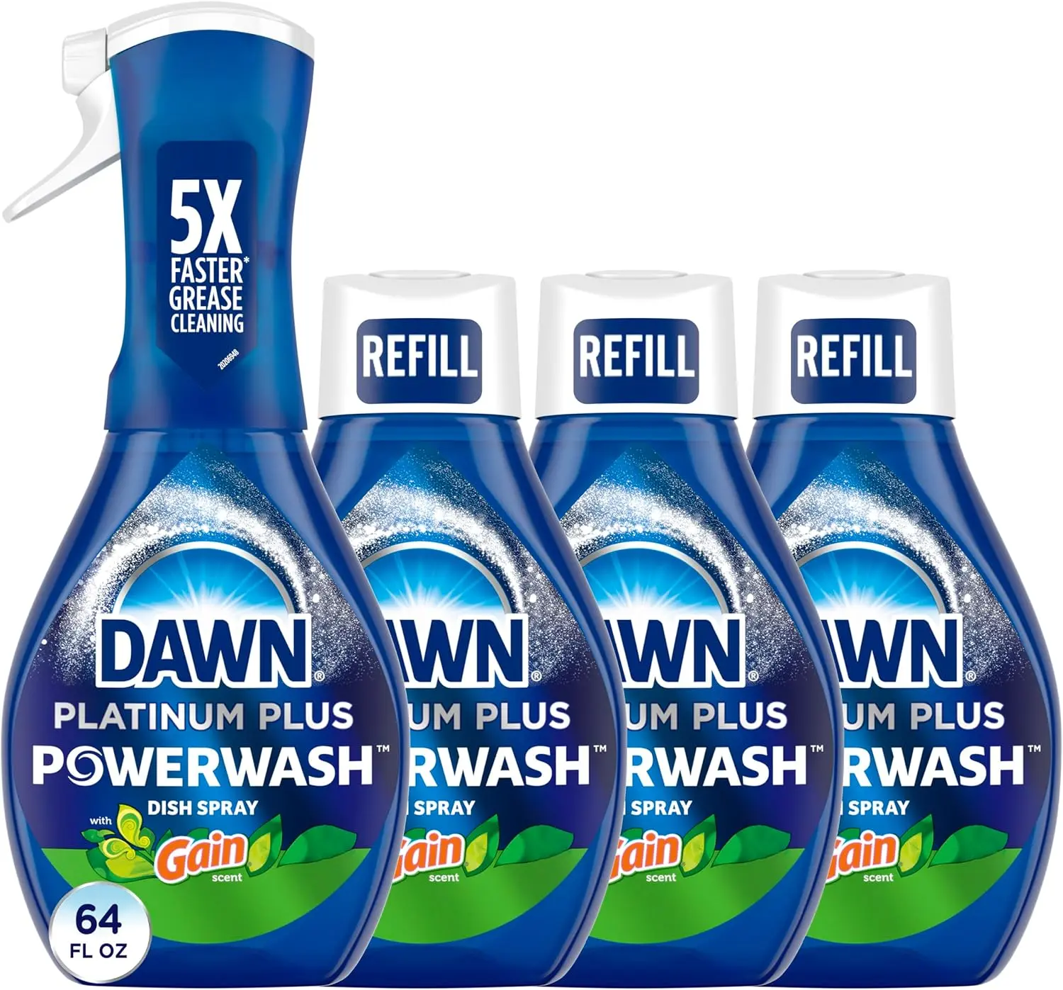 Powerwash Gain Original Dish Spray, Liquid Dish Soap, Dish Soap Refill, , 1 Starter Kit + 3 Refills, 64 Fl Oz Total (16 fl oz/bottle)