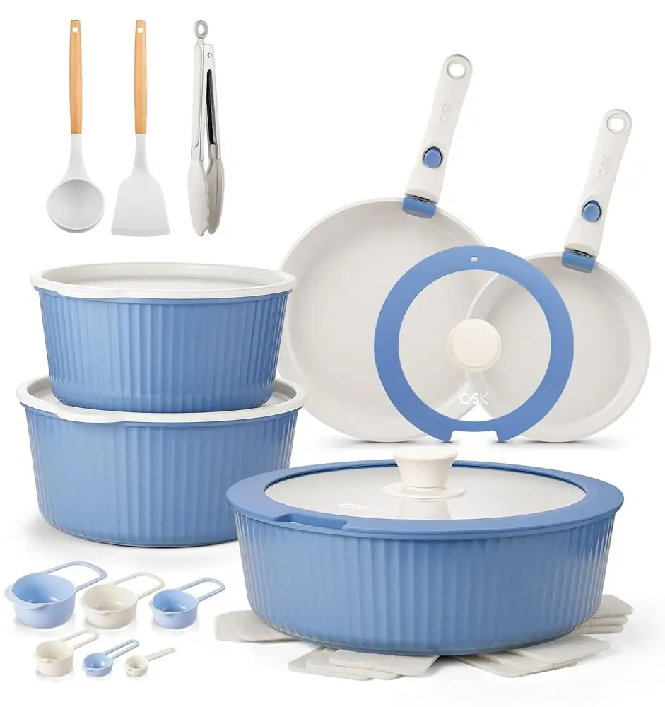 KOCH SYSTEME CS 19 Piece Cookware Set with Removable Handles, Pots and Pans Set with Detachable Handle, Stackable RV Camping Kitchen Set, Dishwasher & Oven SafeInduction Compatible, Blue