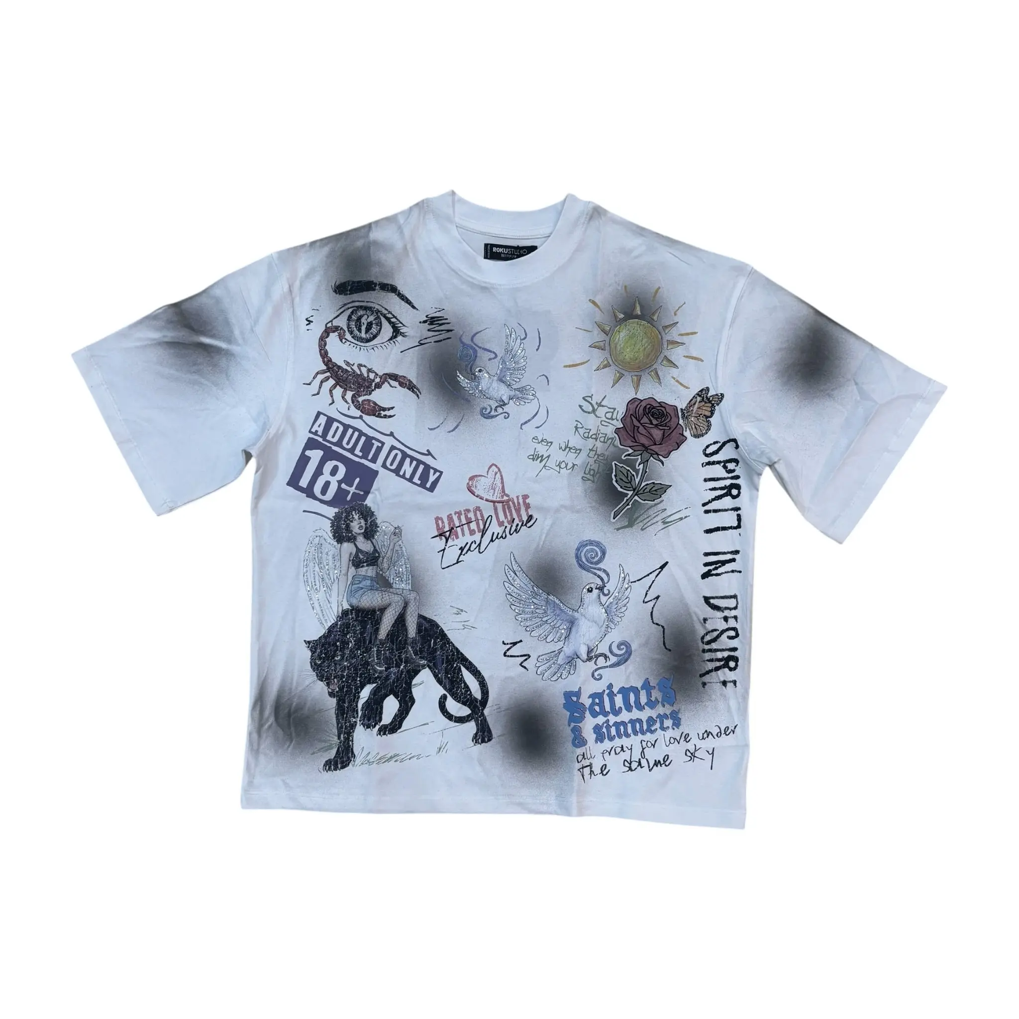 WH-RK1482137 - Divine Chaos Faded with Rhinestones Boxy Graphic T-Shirt