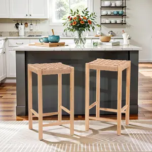 Light Wood Counter Height Stools with Woven Rattan Seats: A Pair of Airy, Natural-Style Seating Pieces for Kitchen Islands & Dining Areas, Blending Rustic Textures with Bright, Farmhouse-Inspired Design