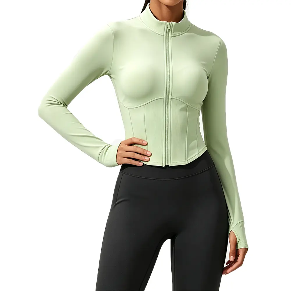 Women Zip Up Corset Athletic Jacket Stand Collar Thumb Hole Long Sleeve Cropped Workout Jacket Ribbed Waist Slim Fit Yoga Gym Running Sport Top