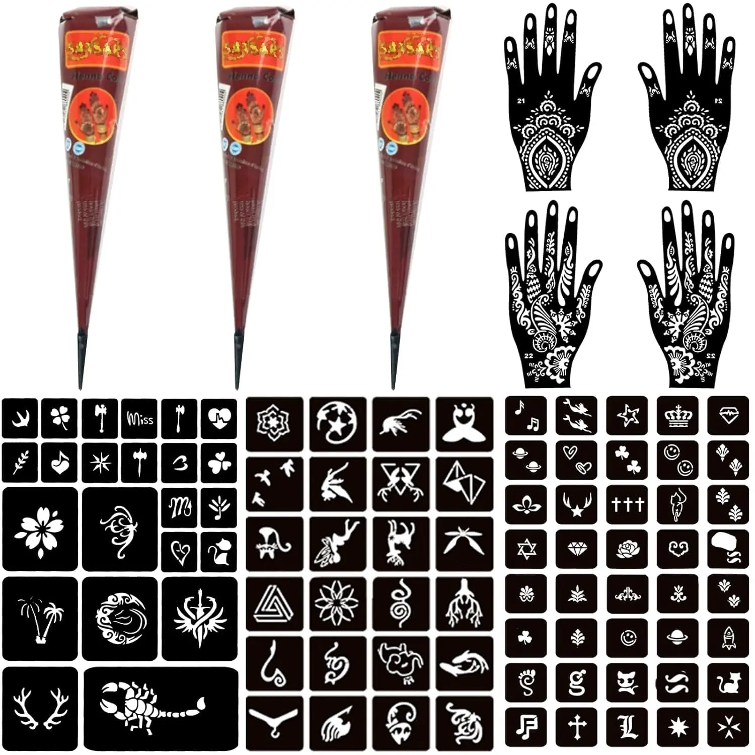 Custom Tattoos Temporary Kit - 3 Henna Tattoo Cones (30g), 101 Stencils, Semi-Permanent Markers, Jagua Gel for DIY Art Painting, Party Gifts, Arm Temporary Tattoos with Creative Designs, Tattoo Art, Henna Art