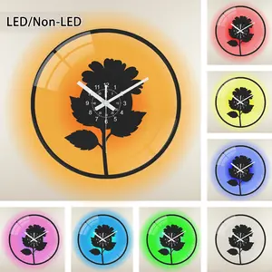 Vintage Vinyl Record Style Wall Clock, Round Transparent Glass, Flower Outline, Optional LED Color Lighting, Home Decor Gift