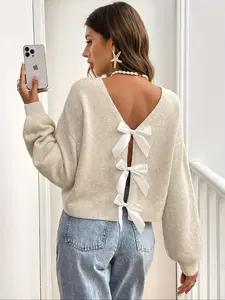 Women's Y2K Elegant Knit Sweater, Back Bow Decor, Long Sleeve, Fitted, Casual Wear, All Seasons, Essential Daily