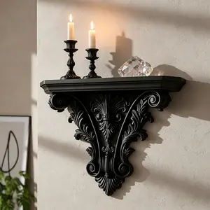 Vintage Gothic Relief Wall Shelf, Ivory Wall Decor, Dark Style Storage Rack, Handmade Candle Display, Rococo Carving Design