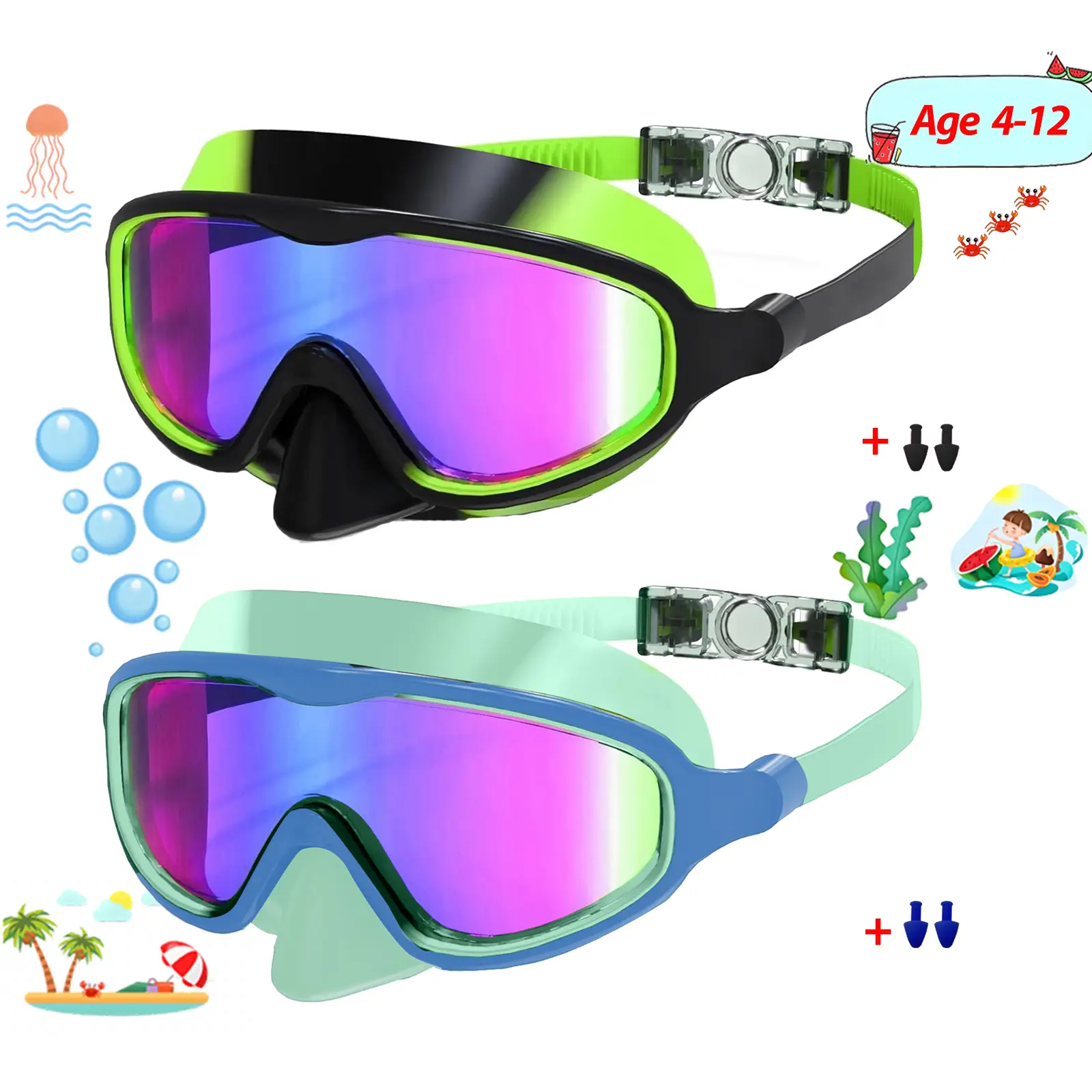 Kids Swimming Goggles 1 Pack Antifog AntiUV Wide View Kids Swimming Goggles 315 years old