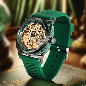 Premium Black Silicone Strap Vintage Engraved Men’s Automatic Mechanical Watch with Hollow-Back Design & Super-LumiNova Night Vision