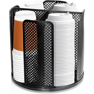Cup Dispenser, Disposable Paper Cup and Lid Holder 360 °   Rotatable with 4 Stacking 3-16oz Cups and Lid Holder for Coffee10