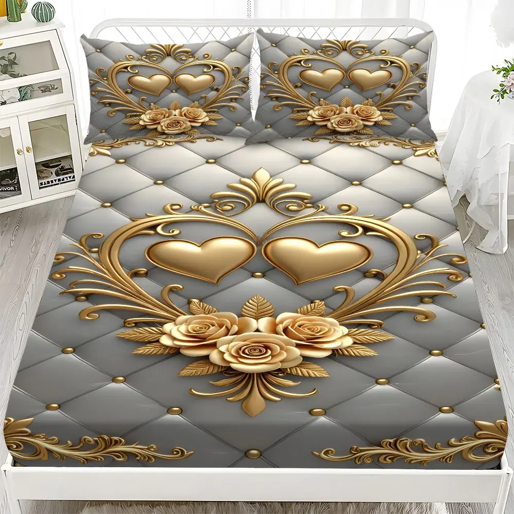 Fitted Sheet 3-Piece Set - 2D Flat Printed Silver and Gold Heart and Rose Pattern Mattress Covers, Available in 10 Sizes (1 fitted sheet + 2 pillowcases, no insert). skin-friendly and breathable bedding, suitable for family bedrooms .