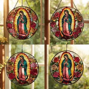 Our Lady of Guadalupe Stained-Glass Suncatcher, Religious Virgin Mary Suncatcher, Religious Virgin Mary, Mother of God, Round Window Hanging Decor, Colorful Sunlit Art Piece, Religious Virgin Mary Catholic Gift for Home Blessing