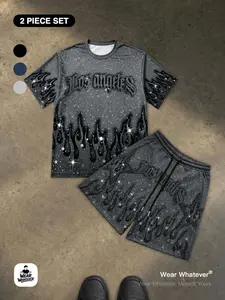Y2K Rhinestone Star Los Angeles Flame Print 「2-Piece Set」 Breathable Short Sleeve T-Shirt + Loose Shorts, Casual Fashion Menswear for Men and Women