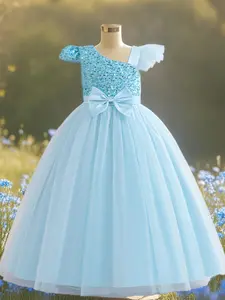 Girl's Glitter Bow Decor Mesh Sweater Dress, Elegant Long Sleeve Round Neck Dress for Party Wedding Guest, Kids Clothes for Summer