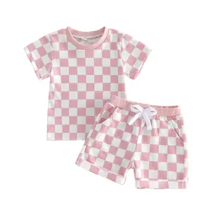 Imcute Toddler Girl Summer Outfits Checkerboard Print Short Sleeve Waffle Tops Elastic Waist Shorts 2Pcs Clothes Set