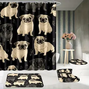 1/4pc Black shower curtain set with pug pattern, festive design, Bathroom Shower Equipment, includes non-slip mat, U-shaped rug, and toilet seat cover. Perfect for bathroom decoration, beautifies the space. Comes with 12 shower curtain hooks.