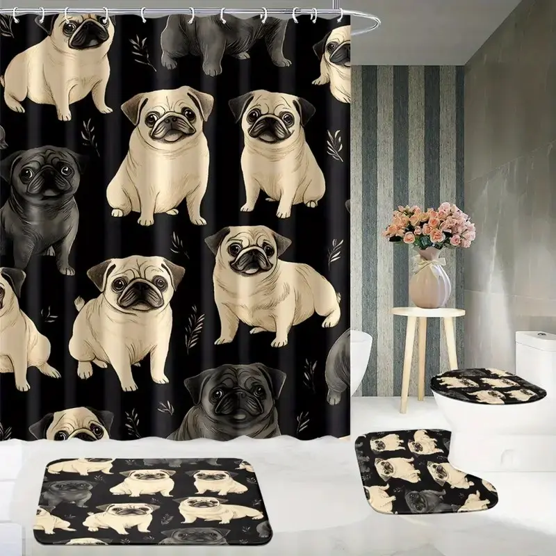 1/4pc Black Decorative Shower Curtain Set With Pug Pattern, Festive Design, Shower Curtain Set With Rugs, Includes Non-slip Mat, U-shaped Rug, Toilet Seat Cover, Comes With 12 Shower Curtain Hooks