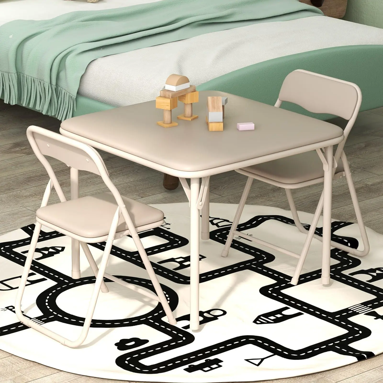 Beige 3-Piece Foldable Card Table Set - Portable Indoor Space Saving Furniture with PU Padding Table and Chairs