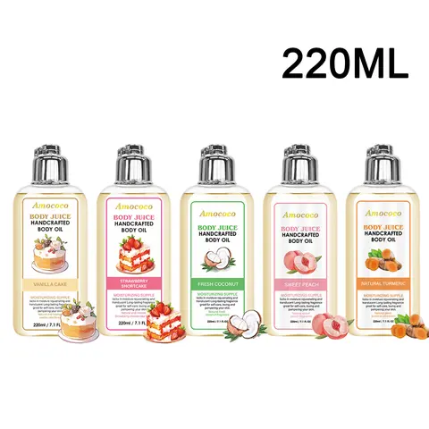 Luxury Scented Aroma Body Oil Set (5x220ml) - Turmeric, Strawberry Cake, Peach, Coconut, Vanilla Scents - Nourishing, Silky Smooth Moisturizer - Hydrating, Alcohol-Free Bath & Body Care Products