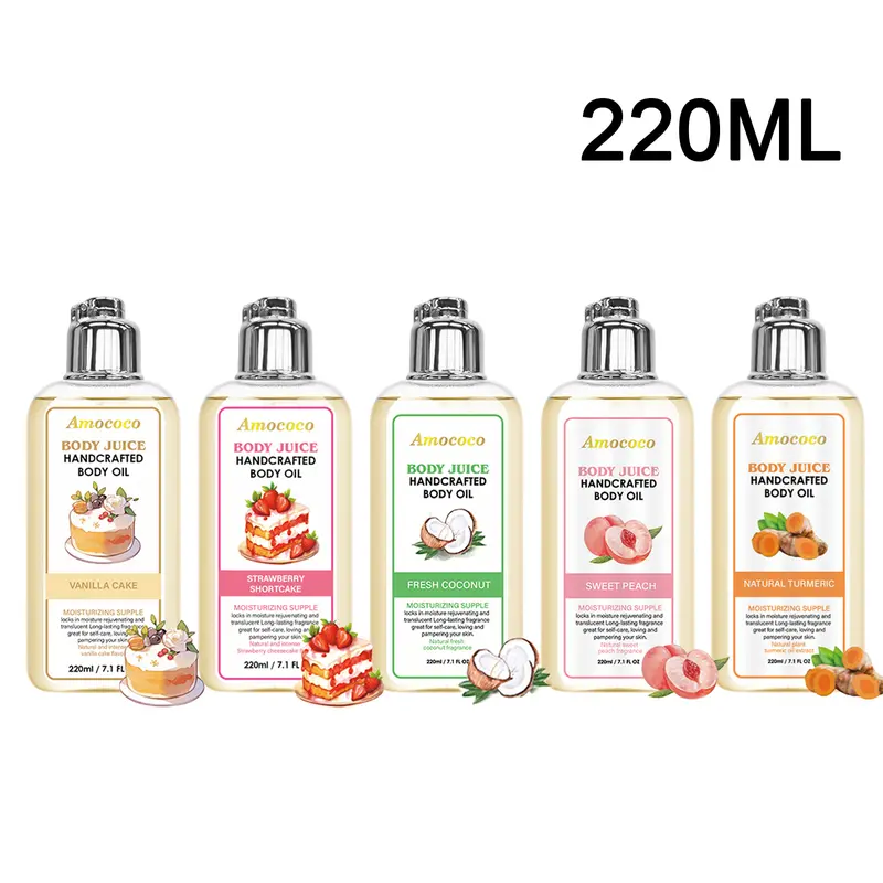 Luxury Scented Aroma Body Oil Set (5x220ml) - Turmeric, Strawberry Cake, Peach, Coconut, Vanilla Scents - Nourishing, Silky Smooth Moisturizer - Hydrating, Alcohol-Free Bath & Body Care Products