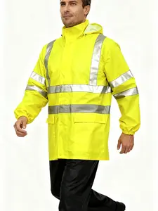 Men's High Visibility Reflective Hooded Raincoat, Waterproof Windproof Fabric, Drawstring Hood Design, Ideal for Transportation, Construction, Fishing