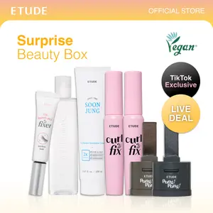 [ETUDE Official] Surprise Beauty Box (Live Deal) | Soonjung pH5.5 Relief Toner(11.8 fl oz (350ml))+Soonjung 2x Barrier Intensive Cream+Curl Fix Mascara BOGO+Dr. Mascara Fixer+Pang Pang Hair Shadow+Real Art Cleansing Oil Moisture | TikTokShop Exclusive