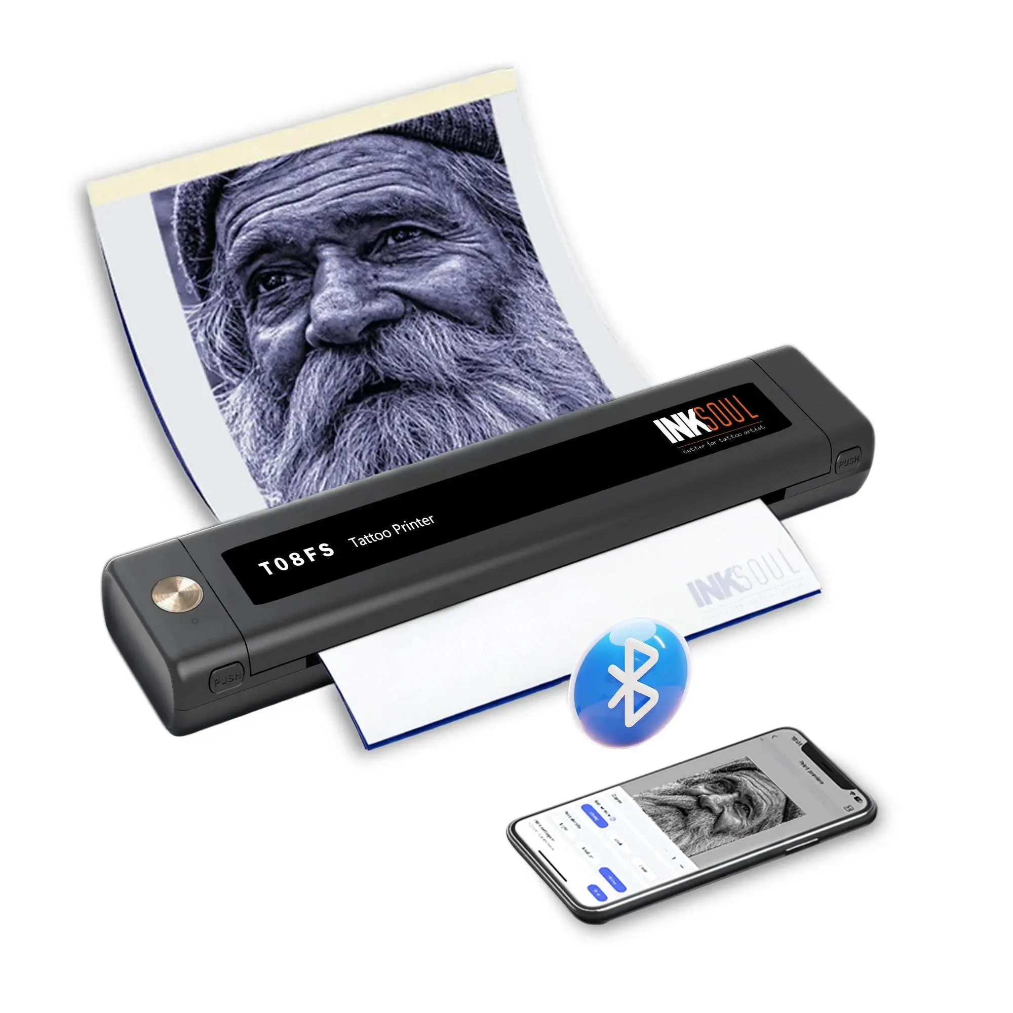 INKSOUL® T08FS Wireless Tattoo Transfer Stencil Printer with Bluetooth App, Capable of Printing Shadows, Prints Shadows