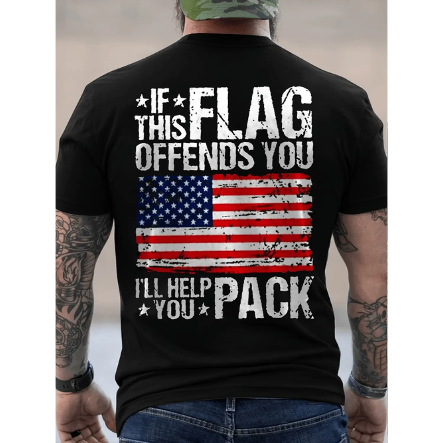 Men's Patriotic Distressed American Flag Top, Soft Durable Fabric Menswear with a Fitted Cut for All-Day Comfort, Round, Patriotic Look
