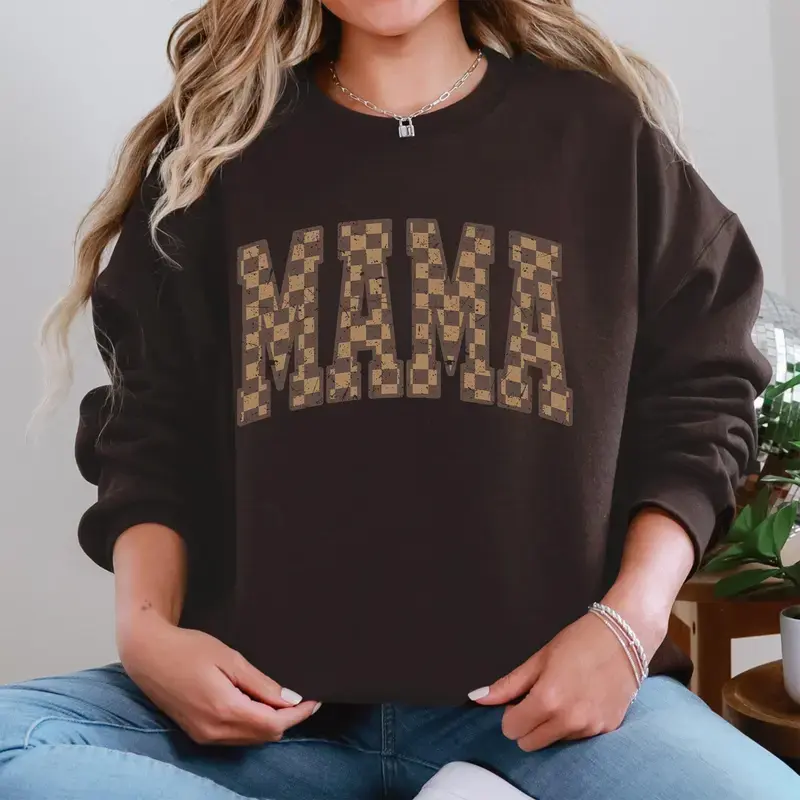 Mama Sweatshirt, Brown Checkerboard Mama Crewneck, Trendy Mom Sweatshirt, Minimalist Graphic Pullover, Cozy Mother's Day Gift for Mom