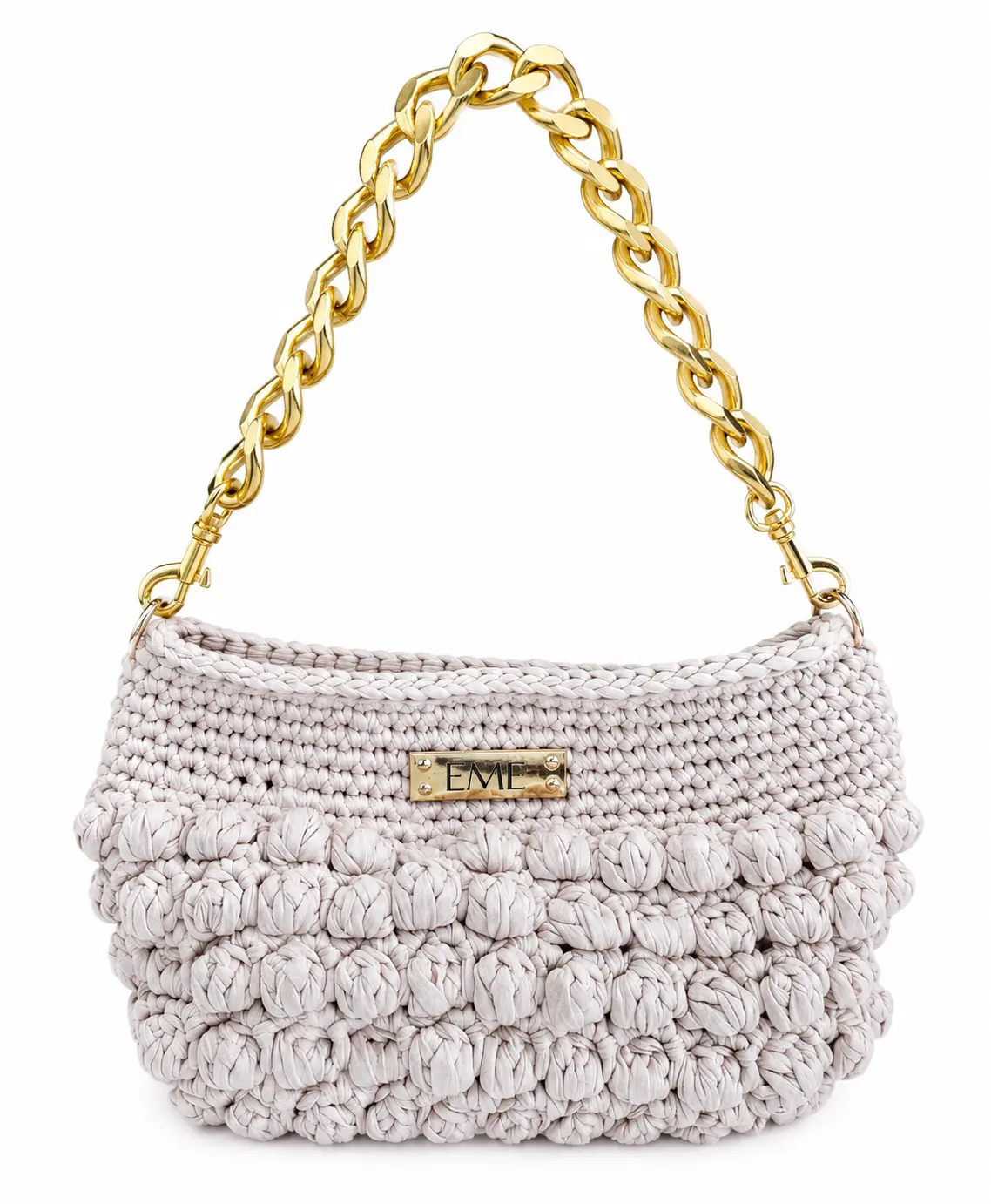 Handmade Beige Crochet Handbag, Solid Gold Chunky Chain, Evening Shoulder Bag Woven Purses Handmade Bags Handheld Shoulder Bag