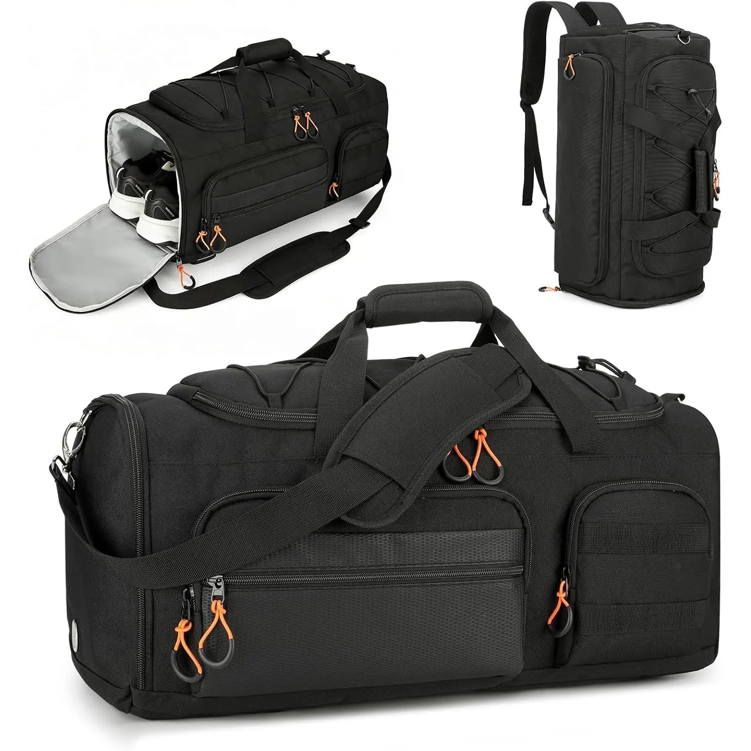 45L Gym Bag for Men, 3-In-1 Duffle Bag Backpack for Travel,  Duffel Bags for Gym Workout, Weekender Overnight Bag with Shoe Compartment, Wet Pocket, Black