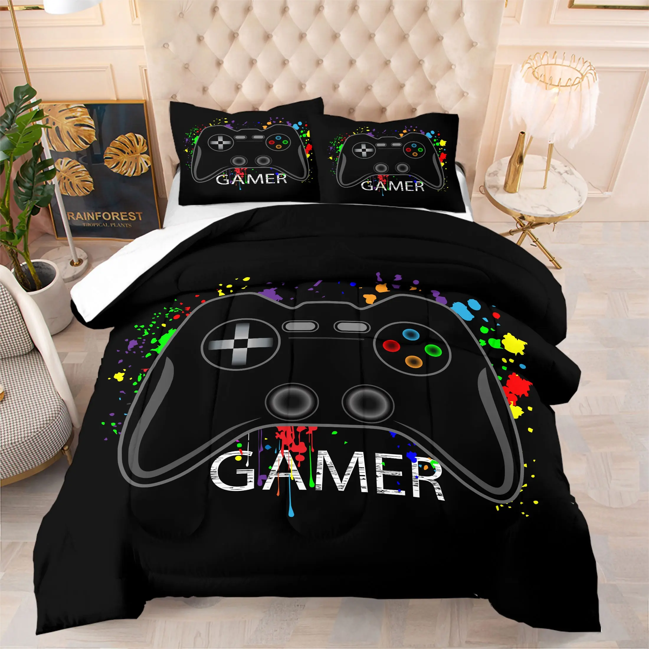 Gamer Paint Splatter Comforter Set,Includes 1 Comforter & 1-2 Pillowcases, Gaming Printed Bedding Set with Classic Controller Print,Vibrant Street Graffiti Style Bedding,Soft for Boys Teens Bedroom Gaming Room Dorm Decor