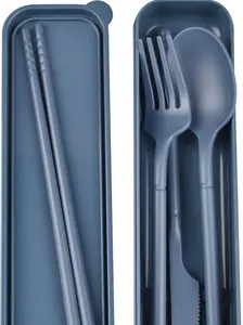 Camping Utensil Set, Reusable Utensils Set with Case, Plastic Cutlery Set Forks Spoon Tableware Chopsticks, Portable Cutlery Set for Travel Picnic Camping or Daily Use (Dark Blue)