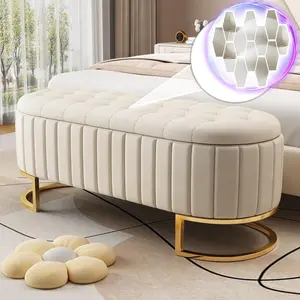 Elegant Upholstered Velvet Storage Ottoman with Button-Tufted, Storage Bench with Metal Legs for Bedroom,Living Room, Entryway, Fully Assembled Except Legs, Beige