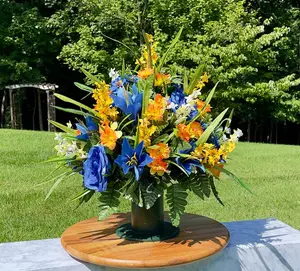 Blue, Orange, and White Cemetery Vase, Vase Arrangement, Memorial Cemetery Vase, Memorial Flowers, Spring Cemetery Vase, Sympathy Flowers