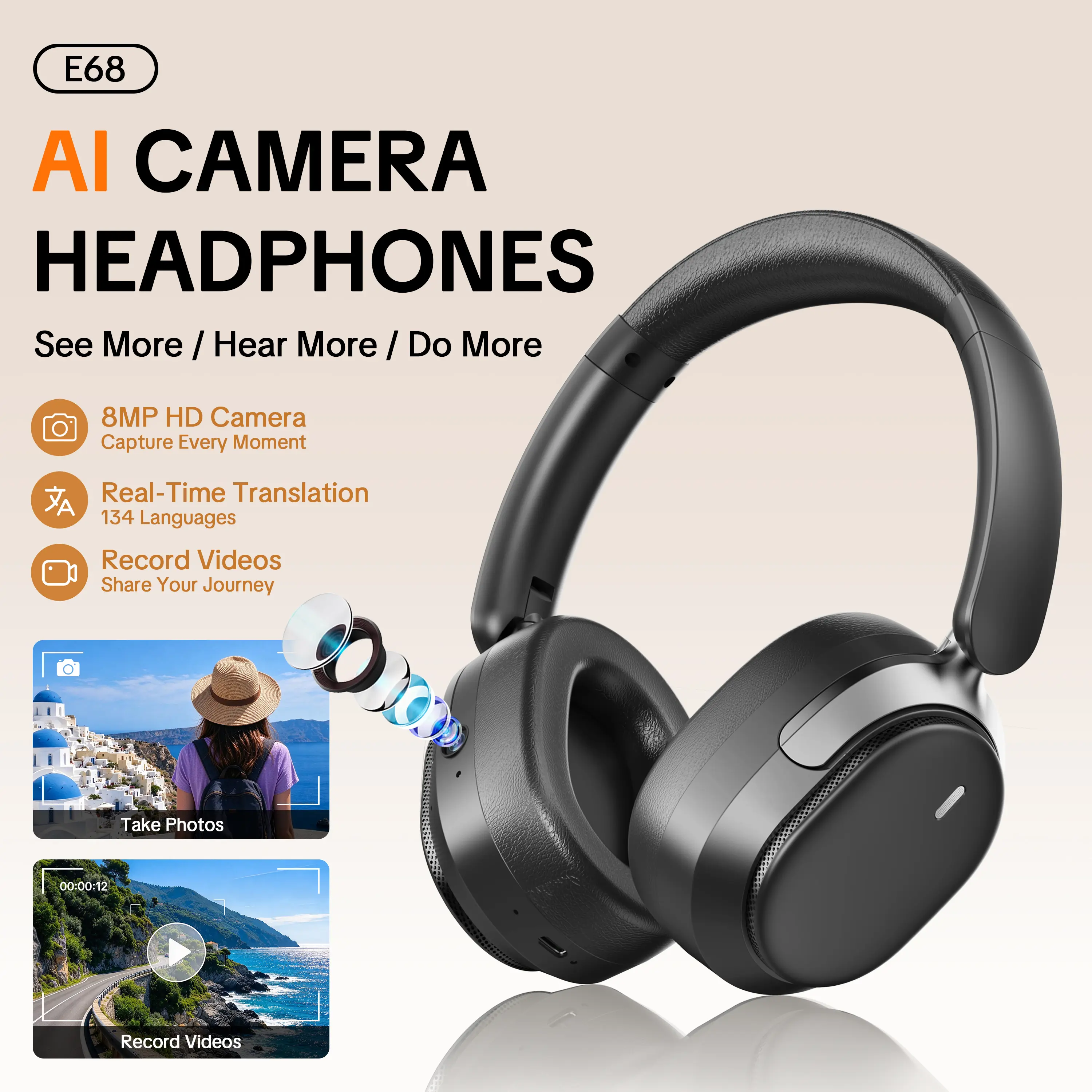 E68 AI Camera Headphones with 8MP HD Camera,Photo & Video Recording,Bluetooth Headset with AI Translation,AI Object Recognition,AI Assistant,40H Playtime,Music & Hands-Free Calls,Cool Tech Gifts for Halloween & Christmas
