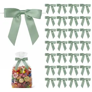 50 Pack Satin Twist Tie Bows, 2.75 Inch Pre-Tied Mini Ribbon Bows for Gift Bags, Treat Bags, Party Favor Bags and Small Gift Packaging (Sage Green)