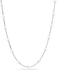 LeCalla 925 Sterling Silver Italian Pearl Station Chain Necklace for Women 18 Inches