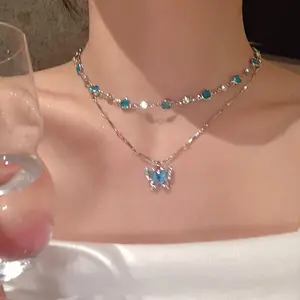 Women's 2-Pcs Y2K Aesthetic Layered Butterfly Necklace, Dainty Double Layer Resin & Rhinestone Pendant Sparkly Jewelry, Ideal for Date Night, Valentine’s Day Gift, Necklaces For Women