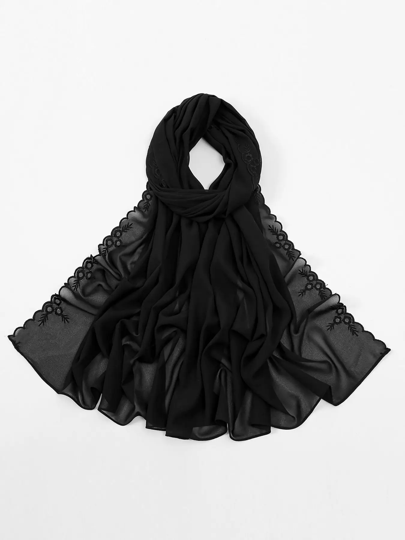 Women's Elegant Woven Jersey Hijab Scarf, Soft Breathable Fabric, Plant Embroidery Design, All-Season Wear, Modest Fashion Accessory