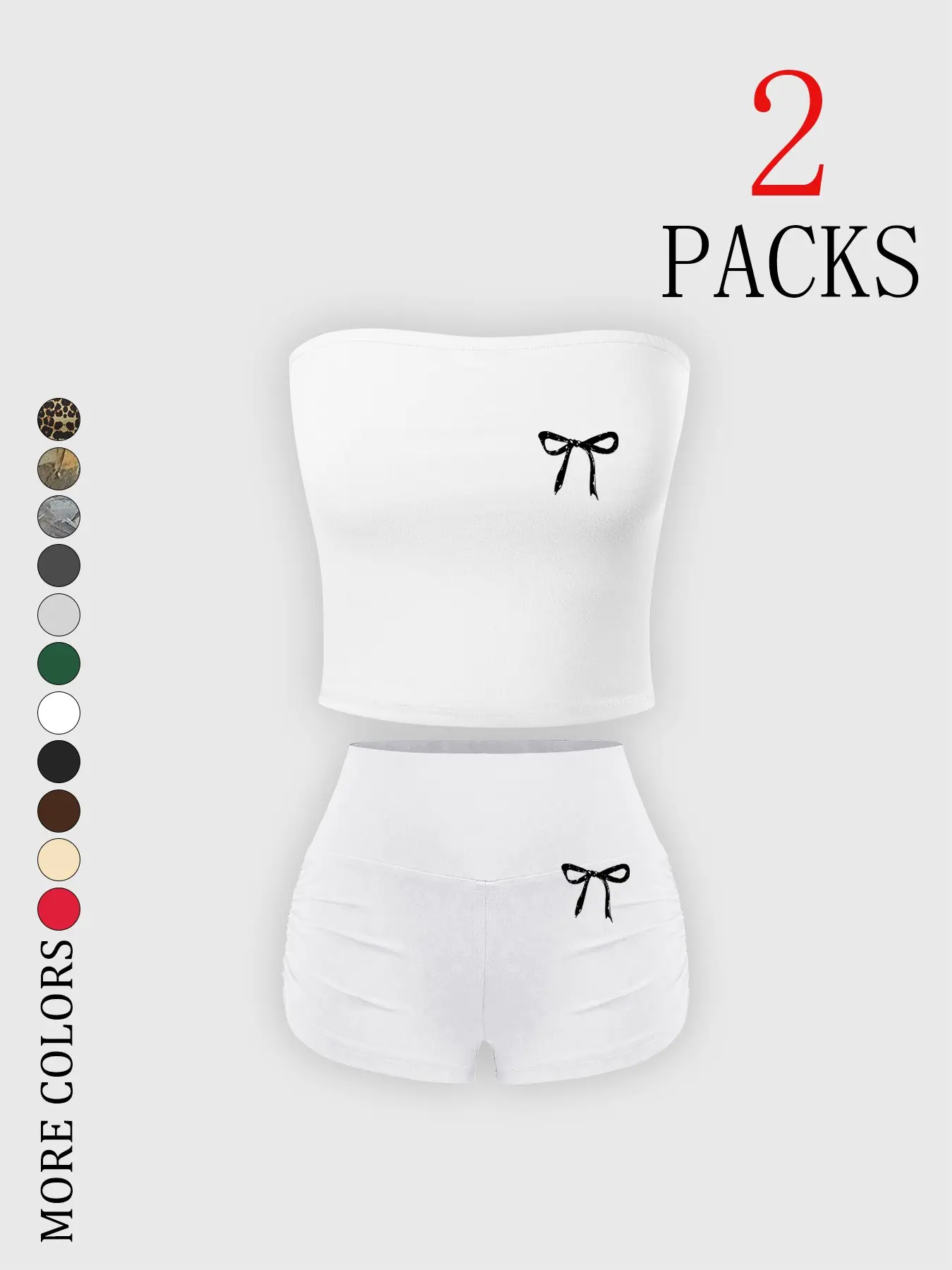 Women's 2-Piece Coquette Loungewear Set, featuring a cute bow-printed strapless crop top and high-waisted ruched shorts, stretchy soft fabric for cozy lounging and casual outings, available in multiple colors, Pajama Set