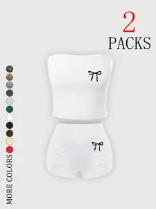 Women's 2-Piece Coquette Loungewear Set, featuring a cute bow-printed strapless crop top and high-waisted ruched shorts, stretchy soft fabric for cozy lounging and casual outings, available in multiple colors, Pajama Set