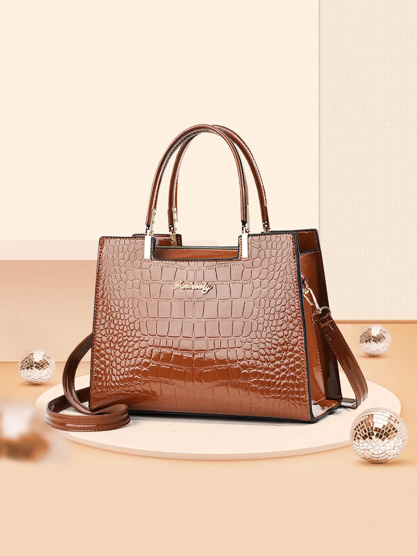 Valentine's Day Fashionable Metal Letter Label Decoration Pu Leather Handbags, Simple Plain Crocodile Pattern Shoulder Bag, Back To School Everyday Ba