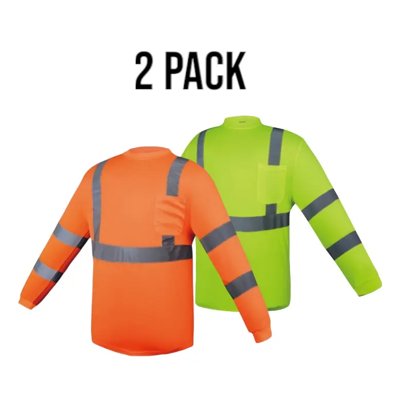 Men's Class 3 Long-Sleeve 2-Pack Reflective High-Visibility Uniform Shirts with 2' Reflective Tape - Work Safety Gear for Home Improvement, Security Tasks, Reflective High-Visibility Shirts