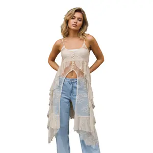 Women Maxi Lace Top Spaghetti Strap See Through Flowy Long Camisole Sleeveless Floral Sheer Layering Tops