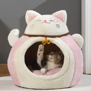New Lucky Cat Pet Nest Home, Autumn Winter Half-Enclosed Thickened Warm Small Dog and Kitten Sleep Bed, Cozy Animal Shelter for Cats and Dogs, Bed Built Kennel
